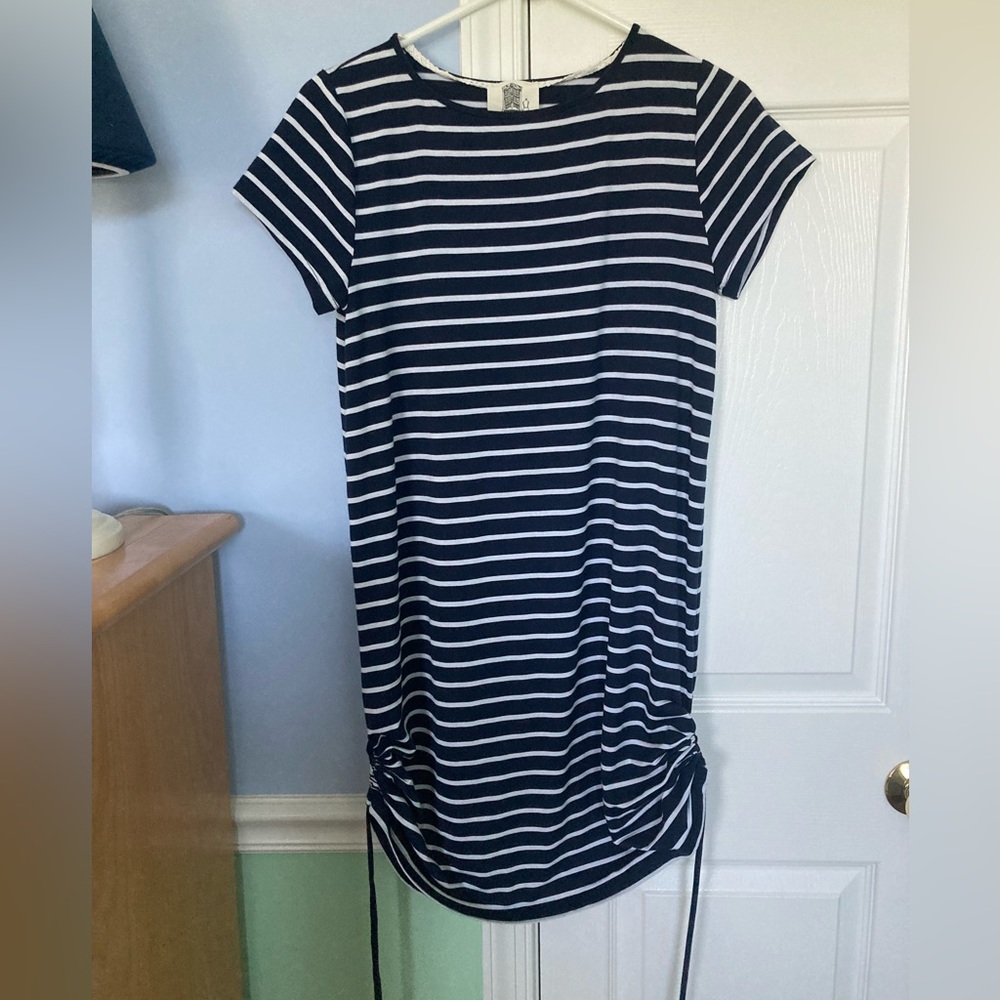 Lili’s Closet Navy and White Stripe Tshirt Dress with Side sinch